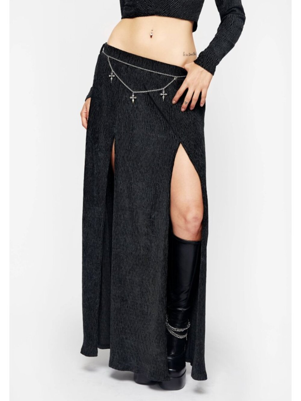 DISTURBIA Thekla Co-ord crinkle velour split goth maxi skirt
